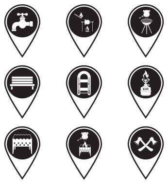 Seyahat ve kamp malzemeleri ikonlarıyla haritalar. Vektör illüstrasyonu