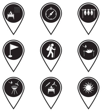 Seyahat ve kamp malzemeleri ikonlarıyla haritalar. Vektör illüstrasyonu