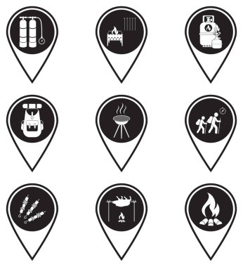 Seyahat ve kamp malzemeleri ikonlarıyla haritalar. Vektör illüstrasyonu