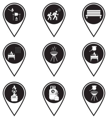 Seyahat ve kamp malzemeleri ikonlarıyla haritalar. Vektör illüstrasyonu