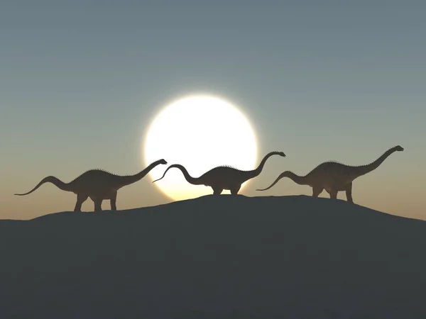 Illustrazione Tre Dinosauri Diplodocus All Alba — Foto Stock