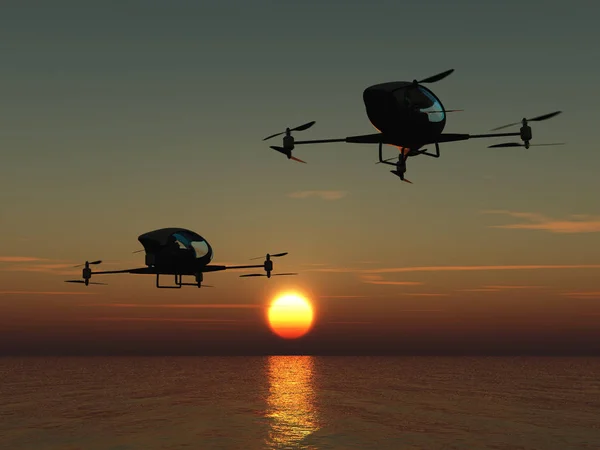 Dois Drones Tripulados Voando Sobre Mar — Fotografia de Stock