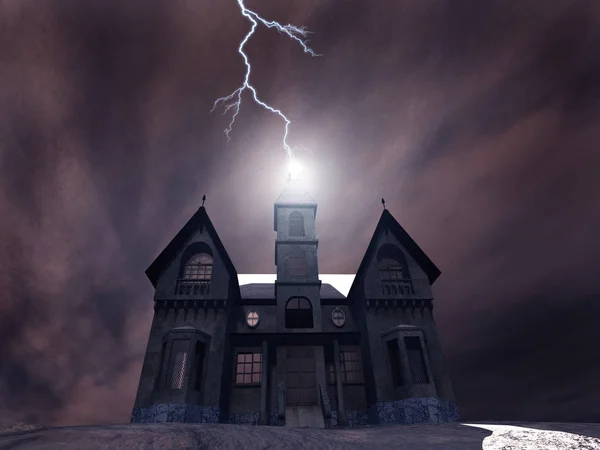 被闪电击中的闹鬼的房子的3D — 图库照片