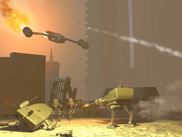 未来城市战役的3D插图 — 图库照片