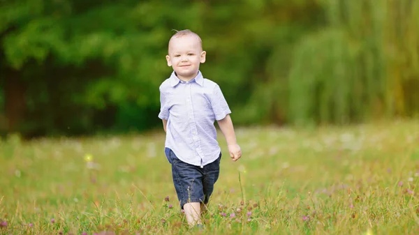 Petit garçon marchant sur l'herbe verte dans le parc — Photo