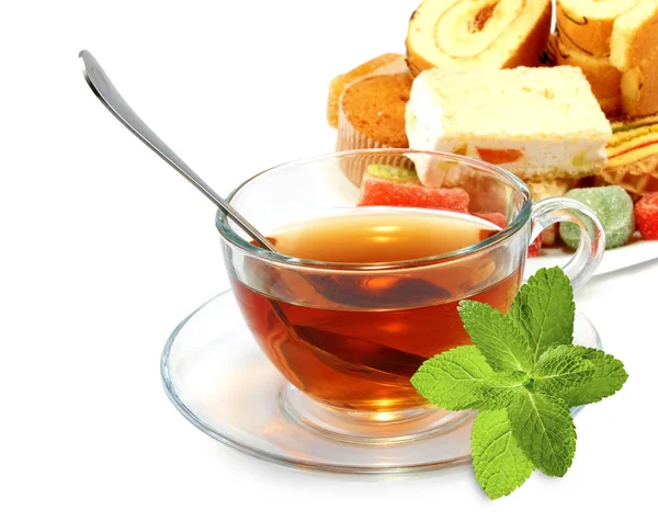 Isolated Image Cup Tea Mint Leaves Sweets — Stock Photo, Image