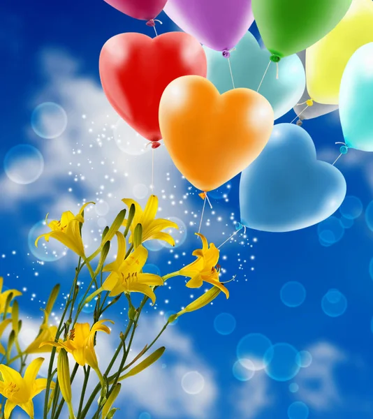 Flowers and festive balloons against the sky close-up — Stock Photo, Image