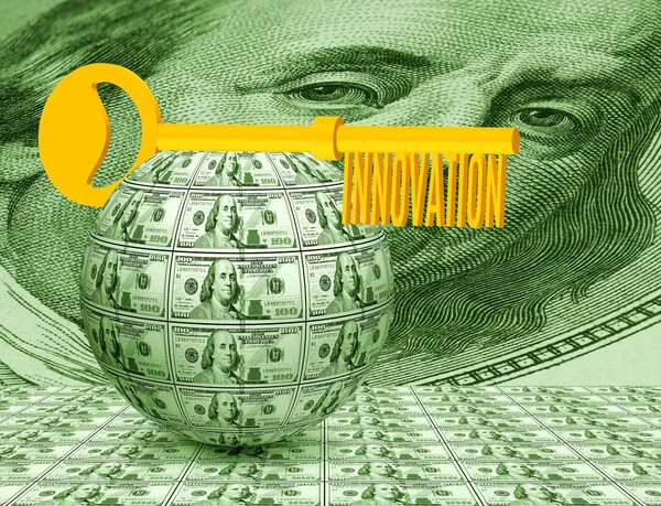 Chiave sulla palla di soldi primo piano. Simboleggia impresa, innovazione, denaro, idea — Foto Stock