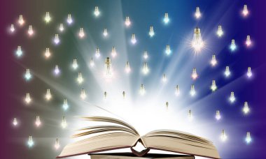 açık bir kitap üzerinde ampuller dahil