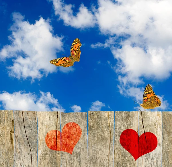 Představa srdcí na dřevěné desce a motýlů proti obloze jako symbol lásky — Stock fotografie