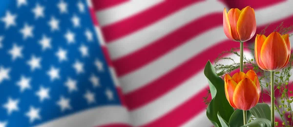 festive flowers on American flag background