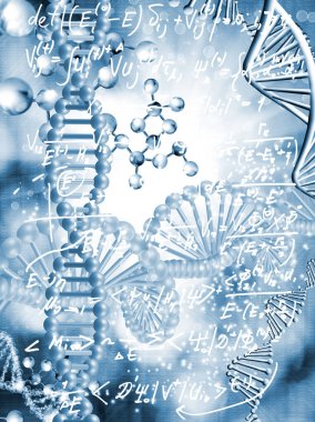 matematiksel formüller ile bulanık arka plan üzerinde DNA zincirinin soyut görüntü.