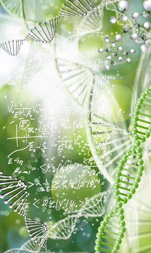 abstract image of dna chain on blurred background with mathematical formulas.