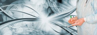 Stetoskoplu bir doktor Dna'nın soyut bir görüntüsünün arka planına karşı bir şey yazar.