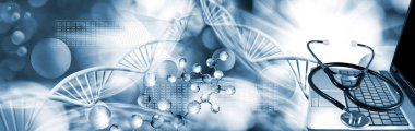 Soyut bir 3d görüntü uzayda uçan DNA zincirlerinin arka planında bir dizüstü bilgisayar üzerinde yatan bir stetoskop oluşur