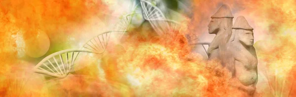 Bild Der Dna Kette Antike Skulpturen Auf Einem Flammenhintergrund Der — Stockfoto