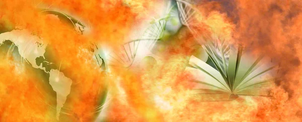 image of dna chain,  planet earth, open book on a background of flame that covers the whole space