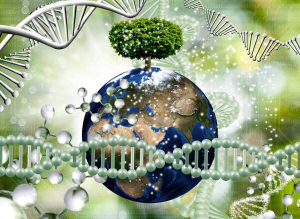 Images of planet Earth with a symbolic tree and dna chains on a green abstract background.