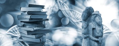 DNA zincirinin soyut görüntüsünün arka planında Polovtsian taş putlarının ve eski kitap yığınlarının resmi