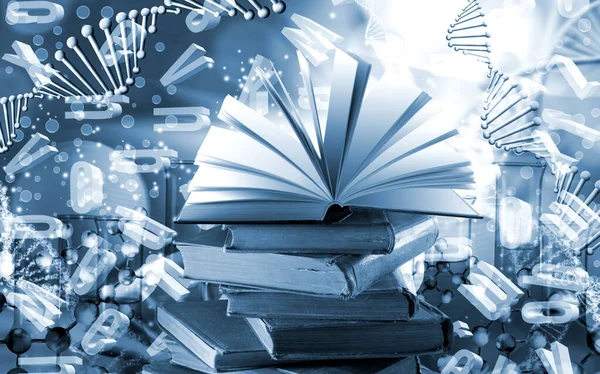 Açık bir kitabın görüntüsü, bir DNA zinciri 33d illüstrasyonunun soyut bir resminin arka planında yer alan bir yığın kitabın üzerinde yatar.