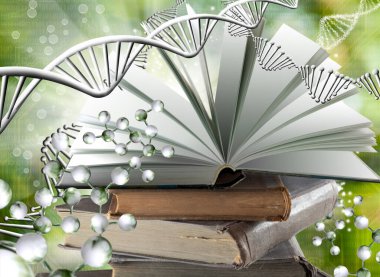 Kitapların etrafındaki boşluğu dolduran bir DNA ipliğinin soyut görüntüsü