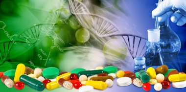 DNA zincirinin soyut bir resminin arkaplanına karşı ön planda sıralanmış tabletlerin görüntüsü.
