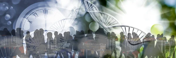 Image of a group of people on whose silhouettes the image of urban buildings is superimposed. The image is crossed by stylized DNA chains. — Stock Photo, Image