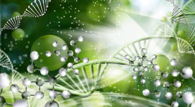 Bulanık yeşil arka planda şekillendirilmiş DNA iplikleri. 3d illüstrasyon