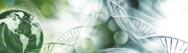 Şekillendirilmiş DNA zincirleri ve küresel sorunları sembolize eden Dünya gezegeni. 3d illüstrasyon
