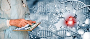 Tarzlanmış DNA iplikçikleri ve teşhisi koyan doktorun resmi. 3d illüstrasyon