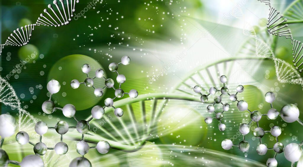 Image of stylized DNA strands on a blurry green background. 3d illustration
