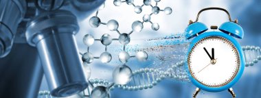 Mikroskop görüntüsü, parçacıkların biçimlendirilmiş DNA zincirlerinin arka planına karşı ayrıldığı bir saat. 3d illüstrasyon