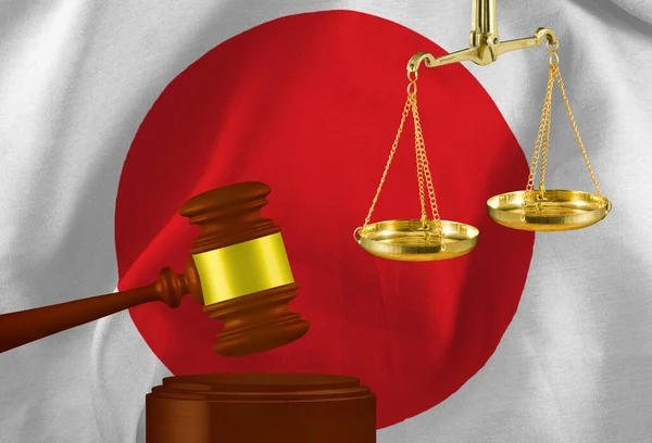 La imagen de los jueces martillo y escalas sobre el fondo de la bandera de Japón.3D- imagen —  Fotos de Stock