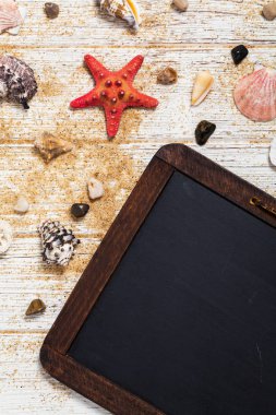 Üstten Görünüm sahil kumu, kabukları ve siyah kara tahta arka plan kart kavramı ile deniz yıldızı. Seçici odak.