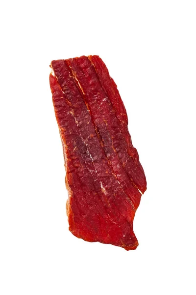 Beef Jerky Makro Isolerad Vit Bakgrund Selektivt Fokus — Stockfoto