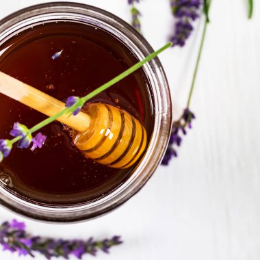 Lavanta çiçekli lavantalı bal. Seçici odak.