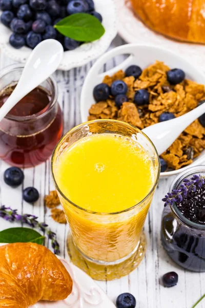 Orange Juice Continental Breakfast Croissants Coffee Cereals Fruits Selective Focus — Stock Photo, Image