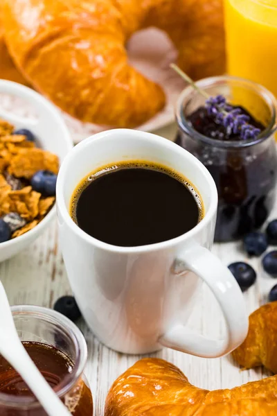 Coffee Continental Breakfast Croissants Cereals Fruits Selective Focus — Stock Photo, Image