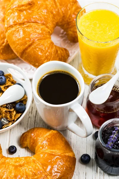 Coffee Continental Breakfast Croissants Cereals Fruits Selective Focus — Stock Photo, Image