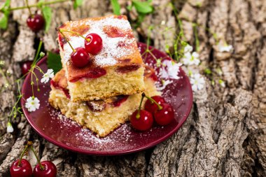 Tart Cherry Cake with Powdered Sugar. Selective focus. clipart