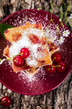 Pudra şekeri ile tart kiraz kek. Seçici odak.