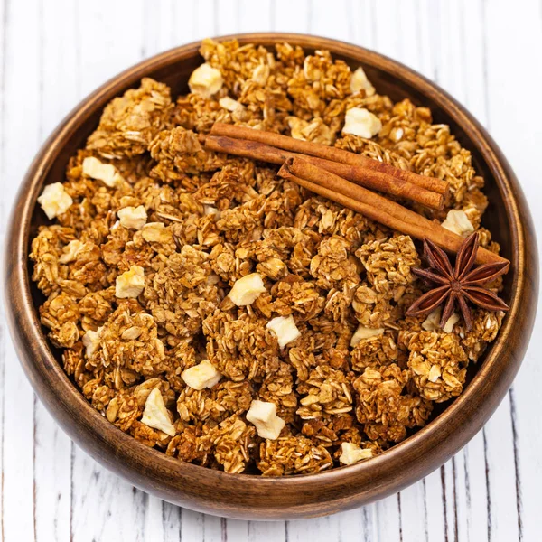 Granola Alla Cannella Mele Colazione Focus Selettivo — Foto Stock