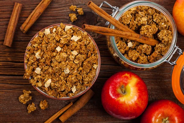 Äpple Kanel Müsli Till Frukost Selektivt Fokus — Stockfoto