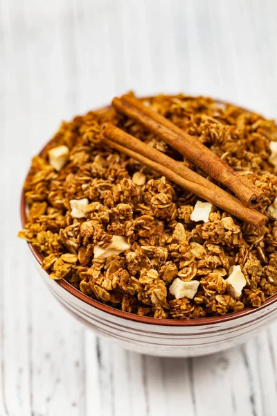 Äpple Kanel Müsli Till Frukost Selektivt Fokus — Stockfoto