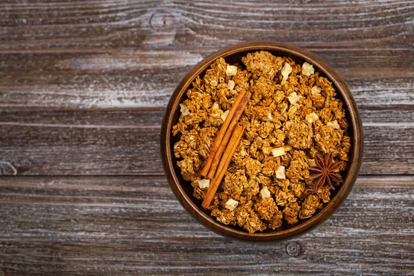 Granola Alla Cannella Mele Colazione Focus Selettivo — Foto Stock