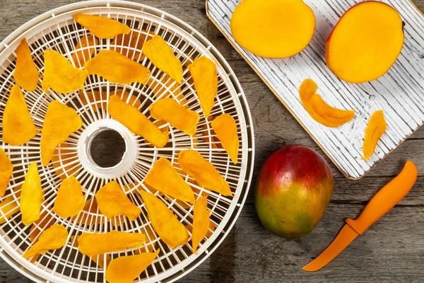 Gedroogde Mango Vrucht Met Dehydrator Gemaakt Selectieve Aandacht — Stockfoto