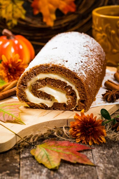 Pumpkin Cake Roll Cream Cheese Filling Selective Focus — Stock Photo, Image