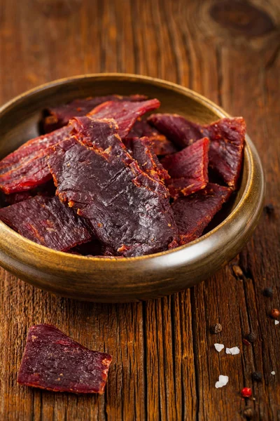 Delicious Homemade Beef Jerky Background. Selective focus.