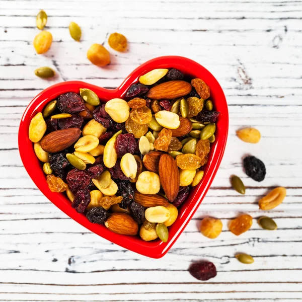 Energy Blend Trail Mix Nuts Dried Fruits Heart Shaped Bowl — Stock Photo, Image