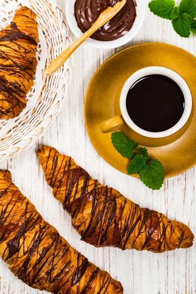 Croissants Breakfast Wooden Background Selective Focus — Stock Photo, Image